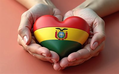 I love Bolivia, 4k, 3d heart like Bolivia flag in hands, travel to Bolivia, heart in hands, heart like Bolivia flag, flag of Bolivia, Day of Bolivia, Love for Bolivia