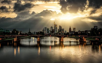 Frankfurt, noche, paisaje, puente, Alemania