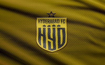 logotipo de tela de hyderabad fc, 4k, fondo de tela amarilla, isl, bokeh, fútbol, logotipo de hyderabad fc, fútbol americano, hyderabad fc emblem, hyderabad fc, club de fútbol indio, fc hyderabad