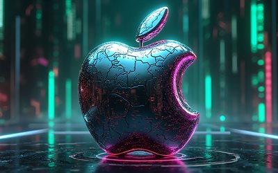 logotipo de apple, 4k, luces de neón verdes y moradas, emblema 3d de manzana, logotipo de metal de manzana 3d, signo de manzana, manzana, fondo tecnológico