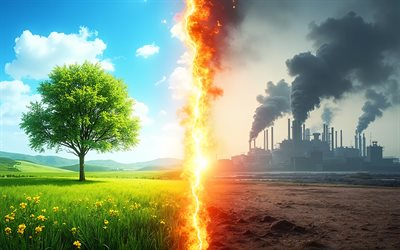 poluição ambiental, 4k, conceitos de ecologia, proteger a natureza, conceitos de ambiente, conceitos ecológicos, indústria pesada, dano ao meio ambiente, árvore verde e fábricas