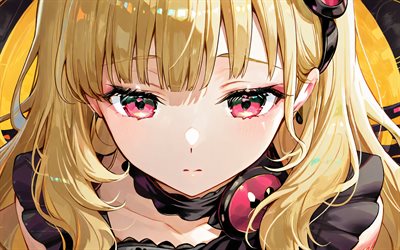 4k, mayu, nahaufnahme, gelber abstrakter hintergrund, vokaloid, rote augen, vocaloid3, vokaloidfiguren, manga, mayu vocaloid