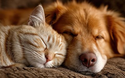 katze und hund, freundschaftskonzepte, süße tiere, ingwerkatze und hund, haustiere, katzen, hunde, freundschaft, konzepte entspannen