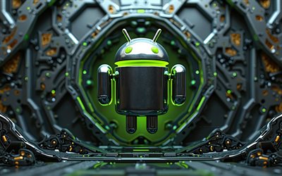 4k, Android metal logo, bokeh, green neon lights, creative, OS brands, 3D art, artwork, black metal backgrounds, Android 3D logo, Android logo, brands, Android