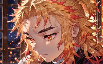 4k, Kyojuro Rengoku, stained glass windows, fiery eyes, Kimetsu no Yaiba, sclose-up, amurai, fiery look, warrior, manga, protagonist, Rengoku Kyojuro, Demon Slayer Corps, Demon Slayer, Kyojuro Rengoku Kimetsu no Yaiba