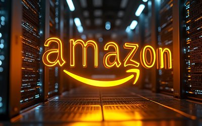 logo néon jaune amazon, 4k, obscurité, bokeh, commerce électronique, racks de centre de données, oeuvre d'art, logo amazone, logo des marques, logo néon amazon, amazone, marques, logo jaune amazone
