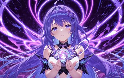 4k, filian, oscuridad, bola de neón, youtuber virtual, luces de neón violetas, vtuber, chica con ojos violetas, hololive, manga, canal filial, youtuber virtual filial