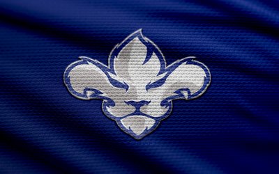 logo en tissu des lions de trois rivières, 4k, fond de tissu bleu, echl, bokeh, hockey, logo des lions de trois rivières, football, emblème des lions de trois rivières, équipe américaine de hockey, lions de trois rivières