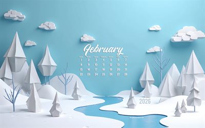 2026 February calendar, 3D plaster winter landscape, February 2026 calendar, winter background, February calendar 2026, winter concepts, February, winter, 2026 calendars