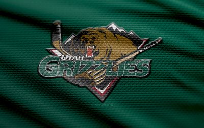 Utah Grizzlies fabric logo, 4k, green fabric background, ECHL, bokeh, hockey, Utah Grizzlies logo, football, Utah Grizzlies emblem, american hockey team, Utah Grizzlies
