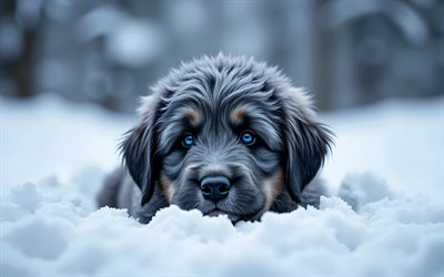 cachorro de perro pastor bergamasco, 4k, animales lindos, ojos azules, invierno, bokeh, cachorros, bosque, perros, bozal, perro pastor bergamasco, mascotas, perro en el bosque