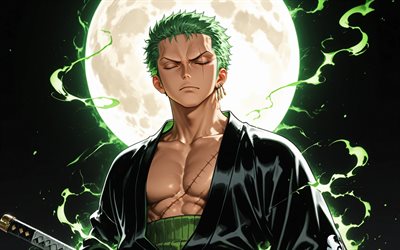 4k, roronoa zoro, guerrero, kimono, una pieza, luna verde, llamas de fuego verdes, obra de arte, personajes de una pieza, manga, cazador de piratas, roronoa zoro una pieza
