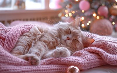 schlafende flauschige katze, rosa gestrickte decke, süße flauschige katze, haustiere, ingwerkatze, süße tiere, katzen