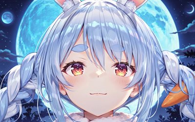 4k, usada pekora, luna azul, noche, youtuber virtual, retrato, zanahorias, vtuber, creativo, hololive, manga, canal usada pekora, youtuber virtual usada pekora