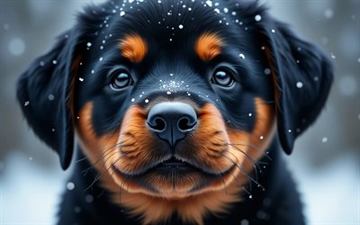 Rottweiler puppy, 4k, cute animals, winter, bokeh, puppies, forest, dogs, muzzle, Rottweiler, pets, dog in forest, Rottweiler Dog
