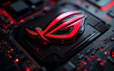 rog logo aus rotem glas, 4k, schwarzer technologiehintergrund, republik der spieler, rog emblem, rotes rog 3d logo, rog rotes glasschild, asus rog, schwarzes mainboard, rog zeichen, rog logo, rog