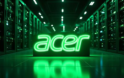 4k, grünes neon logo von acer, bokeh, dunkelheit, grüner high tech hintergrund, racks für rechenzentren, kunstwerk, acer logo, markenlogo, elektronikmarken, acer neon logo, acer, marken, grünes acer logo