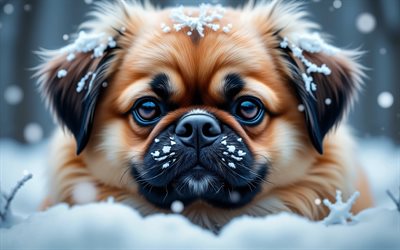 4k, pekinés, invierno, bokeh, bosque, perros, bozal, animales lindos, mascotas, perro en el bosque, perro pequinés