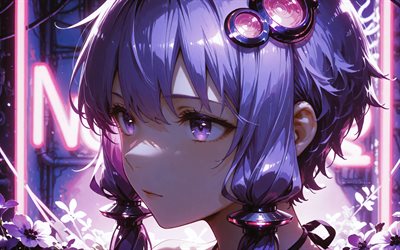 4k, yuzuki yukari, avvicinamento, strada, vocaloid, insegne al neon, notte, ragazza con i capelli viola, protagonista, manga, personaggi vocaloid, cantanti virtuali giapponesi, yuzuki yukari vocaloid