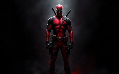 4k, deadpool sobre un fondo negro, superhéroe, dead pool, personajes populares, fondo negro, oscuridad, personaje de deadpool, superhéroe deadpool