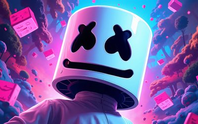 DJ Marshmello, purple 3D background, Christopher Comstock, DJ console, Marshmello mask, music stars, popular singers, american DJ, superstars, Marshmello, DJs, Marshmello 4K