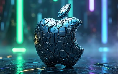 logo 3d apple, 4k, background creativo verde, segno di mela, emblema di mela, logo apple, simbolo di mela, logo apple metal, mela