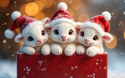 tre lampade, 4k, buon natale, buon anno, lampade in babbo natale, animali carini, concetti di natale, agnelli ricci