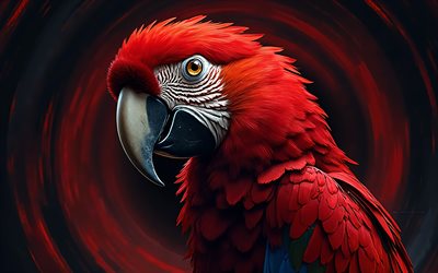 macaw escarlate pintado, 4k, fundo abstrato vermelho preto, pássaros desenhados, obra de arte, art scarlet macaw, pássaros abstratos, scarlet macaw, pássaros de desenho animado, macaws escarlate