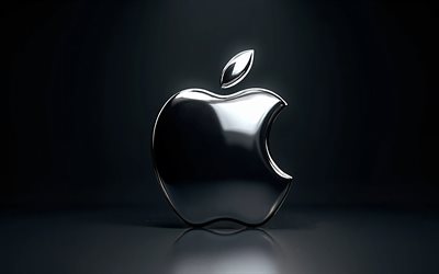 4k, logo apple chrome, créatif, fond noir, minimalisme, logo apple metal, œuvres d'art, logo apple 3d, logo apple, marques électroniques, pomme