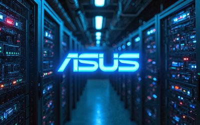 4k, logo au néon asus blue, obscurité, marques électroniques, bokeh, racks de données, œuvres d'art, logo asus, logo des marques, logo asus neon, asus, marques, logo asus blue