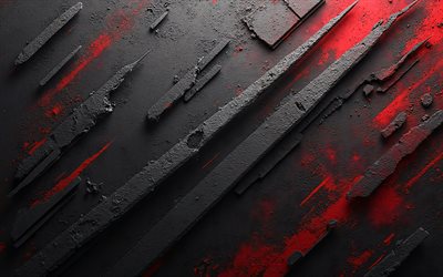 svart stenstruktur med röda linjer, 4k, svart stenbakgrund, grunge stenbakgrund, 3d stenbakgrund, röda linjer på sten, sten grunge bakgrund