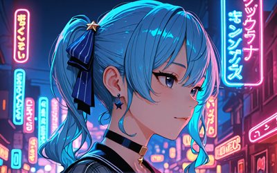 4k, hoshimachi suisei, retrato, calle, luces de neón, youtuber virtual, noche, jeroglíficos japoneses, vtuber, obra de arte, ojos azules, manga, channel hoshimachi suisei, hoshimachi suisei youtuber