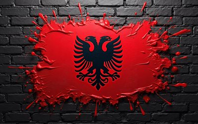 Albania flag, 4k, black brickwall, creative, Albanian flag, paint splashes, flag of Albania, paint art, Europe, Albanian national symbols, Albania 3D flag, Albania