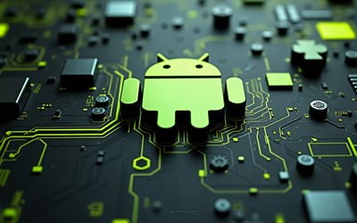 logotipo de android 3d dark lime, 4k, placa base de lima oscura, símbolo de android, logotipo de android, emblema de android, signo de android, fondo de tecnología de lima oscura, androide, logotipo 3d android, antecedentes de alta tecnología