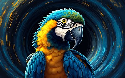 macaw azul e amarelo pintado, 4k, fundo abstrato azul preto, pássaros desenhados, obra de arte, arte de araca azul e amarelo, pássaros abstratos, macaw azul e amarelo, pássaros de desenho animado, macaw