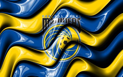 logo 3d dei central coast mariners, 4k, onde 3d gialle blu, lega a, calcio, logo dei central coast mariners, squadra di calcio australiana, marinai della costa centrale, fc central coast mariners
