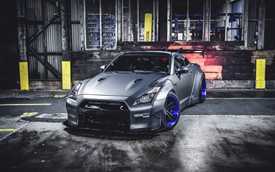 Nissan GT-R, R35, supercars, Liberty Walk, tuning, parking, silver gt-r