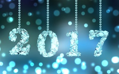 행복한 새해 2017 년, diamods 숫자, 양말, 파란색 배경, 새해가