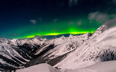 Asulkan Vadi, kış, kutup ışıkları, Glacier Ulusal Parkı, mountians, British Columbia, Kanada