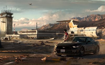 4k, destroyed airport, Need For Speed Payback, Ford Mustang, 2017 games, road, autosimulator, NFS