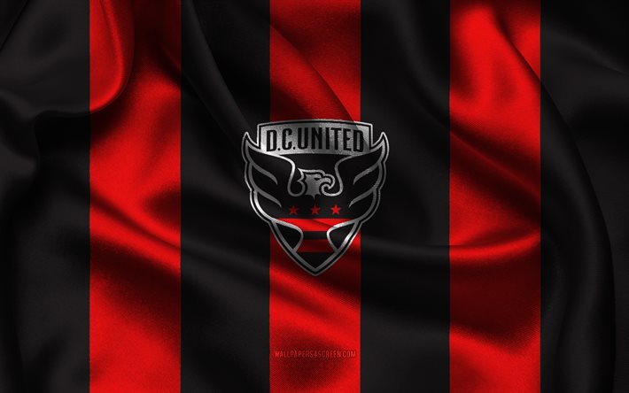 4k, logotipo de dc united, tela de seda negra roja, equipo de fútbol americano, emblema de dc united, mls, cc unido, eeuu, fútbol, bandera de dc unida
