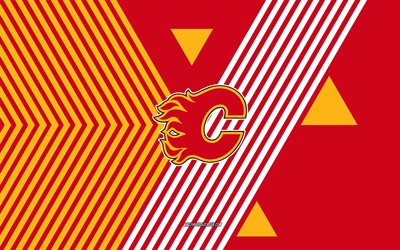 logo des flames de calgary, 4k, équipe canadienne de hockey, fond de lignes blanches rouges, flammes de calgary, lnh, etats unis, dessin au trait, emblème des flames de calgary, le hockey