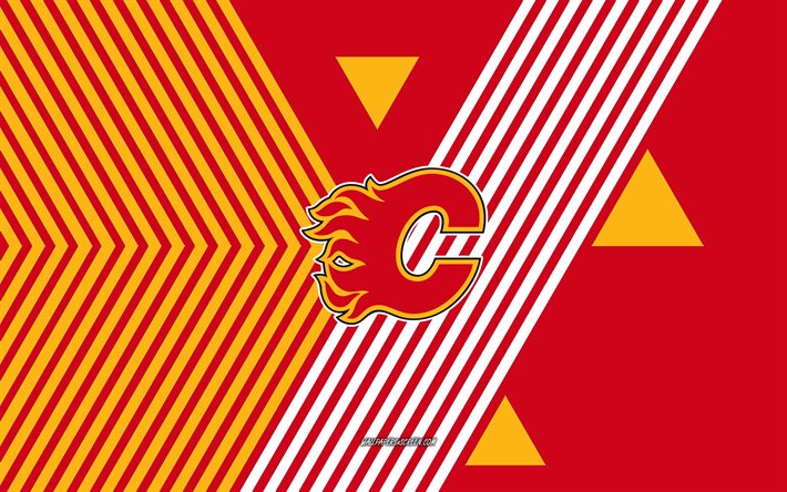 logotipo do calgary flames, 4k, time canadense de hóquei, fundo de linhas brancas vermelhas, chamas de calgary, nhl, eua, arte de linha, emblema do calgary flames, hóquei