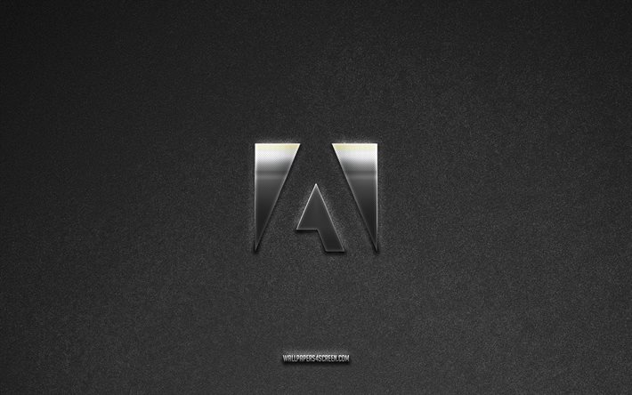 Adobe logo, brands, gray stone background, Adobe emblem, popular logos, Adobe, metal signs, Adobe metal logo, stone texture