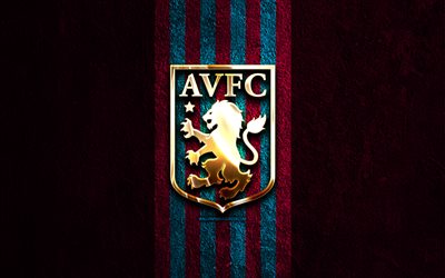 goldenes logo von aston villa, 4k, lila steinhintergrund, erste liga, englischer fußballverein, aston villa logo, fußball, aston villa emblem, aston villa fc, aston villa