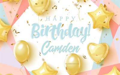 캠든 생일축하해, 4k, 골드 풍선 생일 배경, 캠든, 3d 생일 배경, 캠든 생일, 골드 풍선, 캠든 생일 축하해