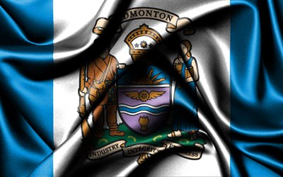 エドモントンの旗, 4k, カナダの都市, 布旗, エドモントンの日, 波状の絹の旗, カナダ, エドモントン