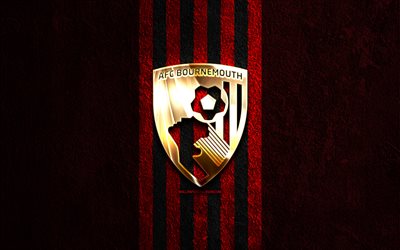 شعار نادي بورنموث الذهبي, 4k, الحجر الأحمر الخلفية, الدوري الممتاز, نادي كرة القدم الانجليزي, شعار نادي بورنموث, كرة القدم, بورنموث