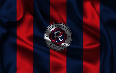 4k, logotipo do new england revolution, tecido de seda vermelho azul, time de futebol americano, emblema da revolução da nova inglaterra, mls, revolução da nova inglaterra, eua, futebol, bandeira da revolução da nova inglaterra