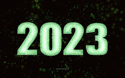 Happy New Year 2023, green glitter art, 2023 green glitter background, 2023 concepts, 2023 Happy New Year, black background